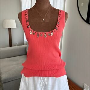 Y2K Cache Ribbed Knit Top Embellished Leather Trim Charms Shells Size Medium